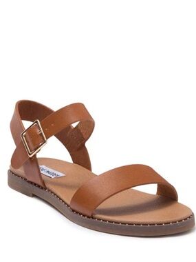 Steve Madden Tesa Slingback Ankle Buckle Casual Sandal Flats In Cognac Brown NEW